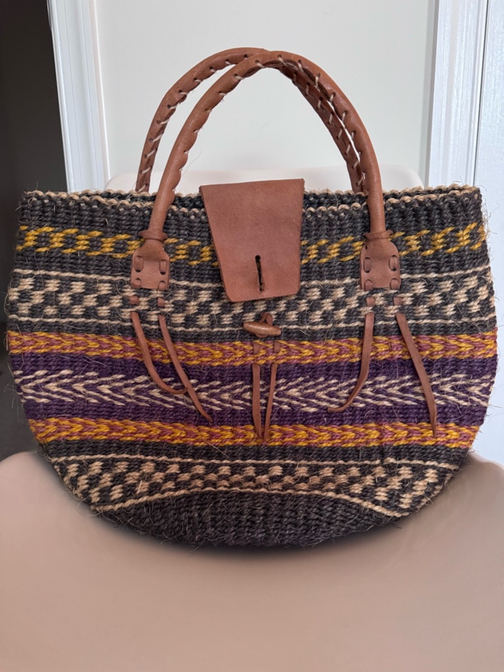 Handmade Egyptian Woven Sisal Market Tote Leather Handles Boho Tribal Bag